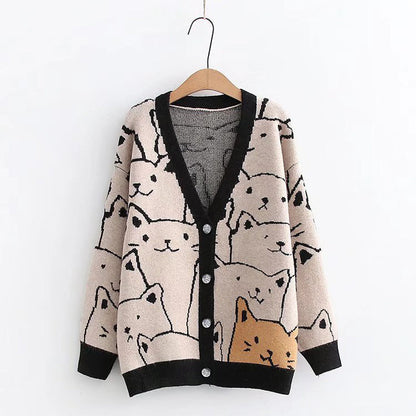Sweet Outer Wear Knitted Jacquard Full-body Cartoon Cat Single-breasted Cardigan Sweater Limorista