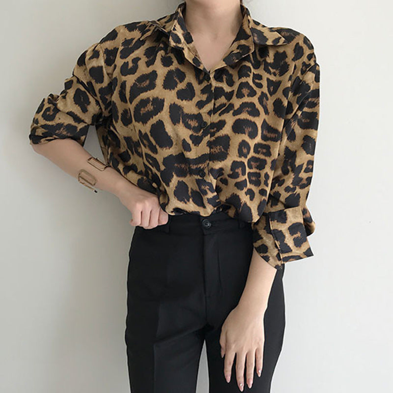 Vintage Leopard Print Loose Long Sleeve Shirt Limorista
