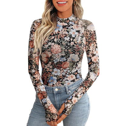 Floral Mesh Crew Neck Long Sleeve Mesh Top Limorista
