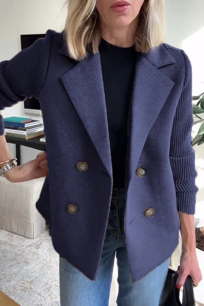 Double Breasted Lapel Jacket Fashion Knitted Sleeves Splicing Design Coat Outerwear Women&
