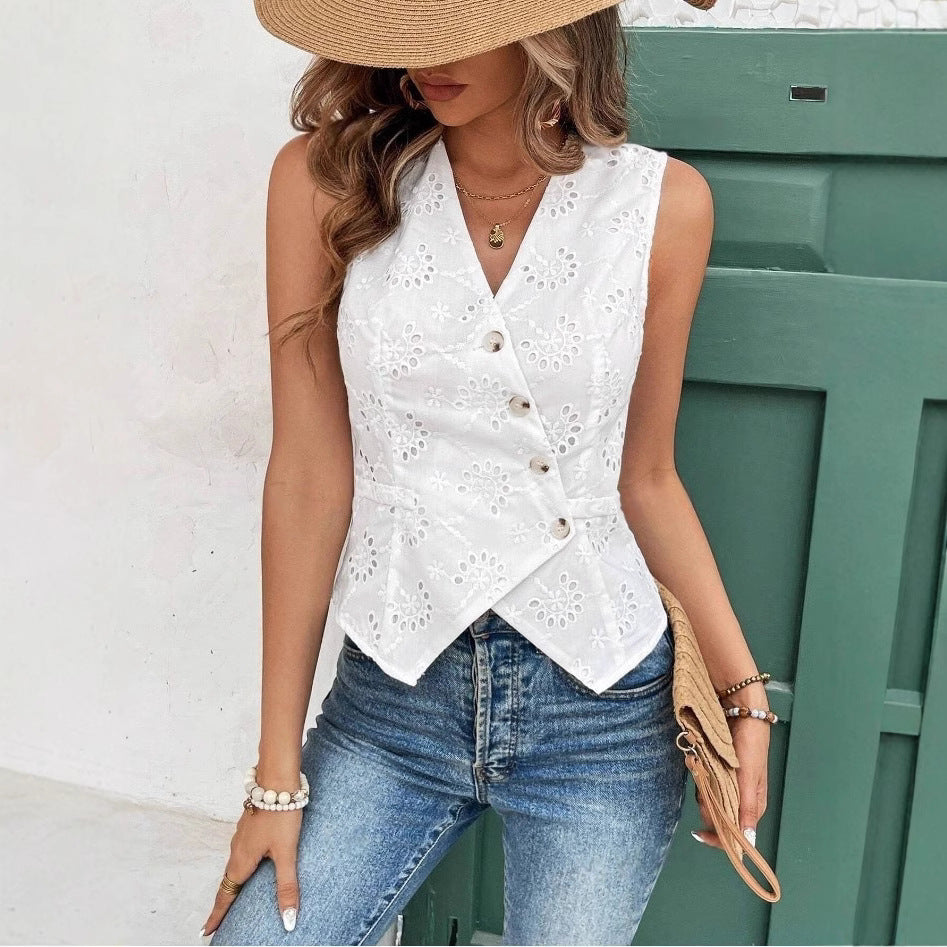 Solid Color And V-neck Button Cardigan Vest Temperament Crochet Limorista