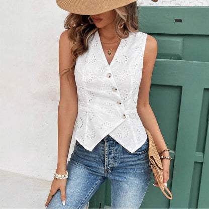 Solid Color And V-neck Button Cardigan Vest Temperament Crochet Limorista