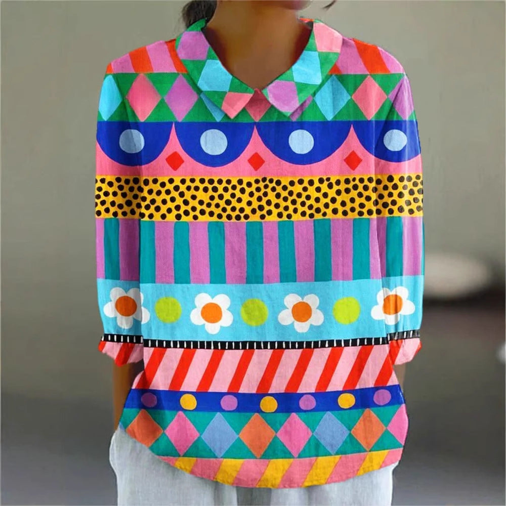 Ladies Flower Fashion Personality Polo Collar Top Limorista