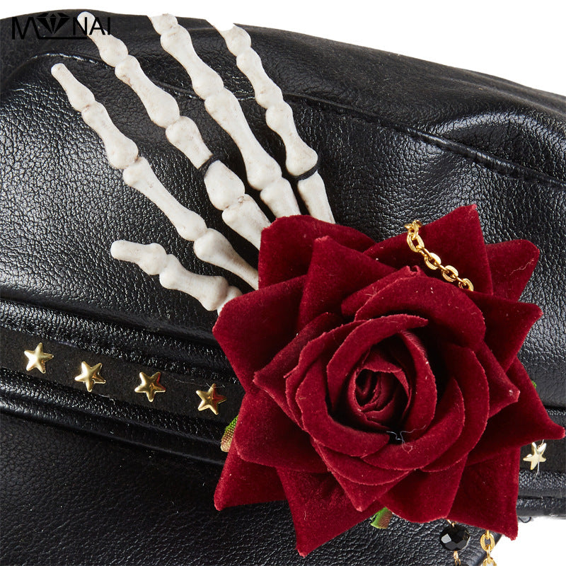 Steam Punk Goth Rose Bead Necklace Baseball Peaked Cap Skull Manual Alarm Bay Hat Limorista