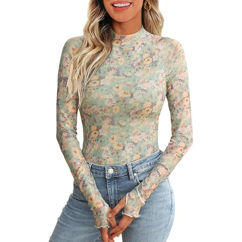 Floral Mesh Crew Neck Long Sleeve Mesh Top Limorista