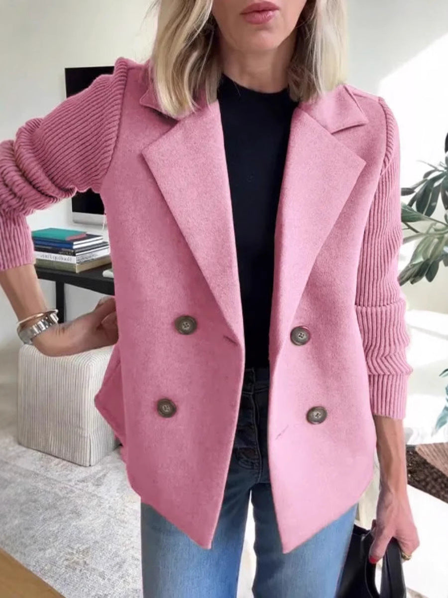 Double Breasted Lapel Jacket Fashion Knitted Sleeves Splicing Design Coat Outerwear Women&
