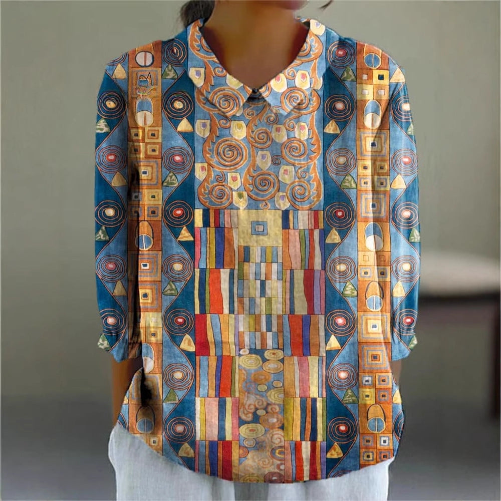 Limorista - Ladies Flower Fashion Personality Polo Collar Top