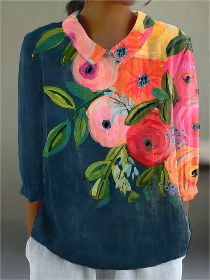 Ladies Flower Fashion Personality Polo Collar Top Limorista