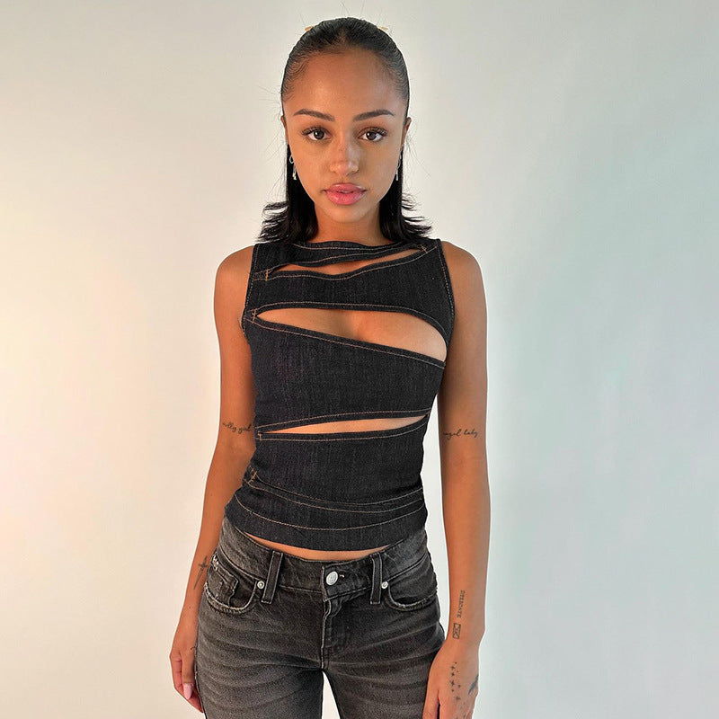 New Sexy Hollow-out Faux Denim Vest Top For Women Limorista