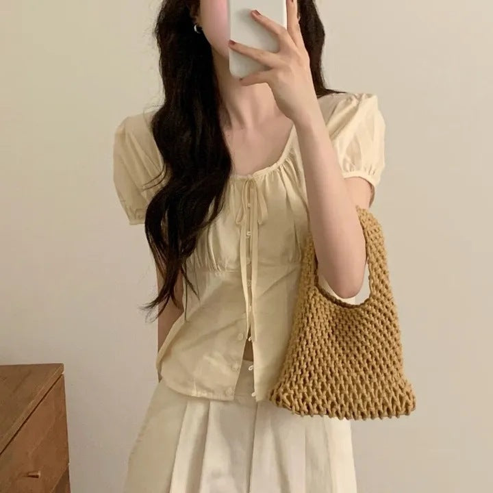 Single-breasted Lace Up Short Shirt French Small Top Limorista