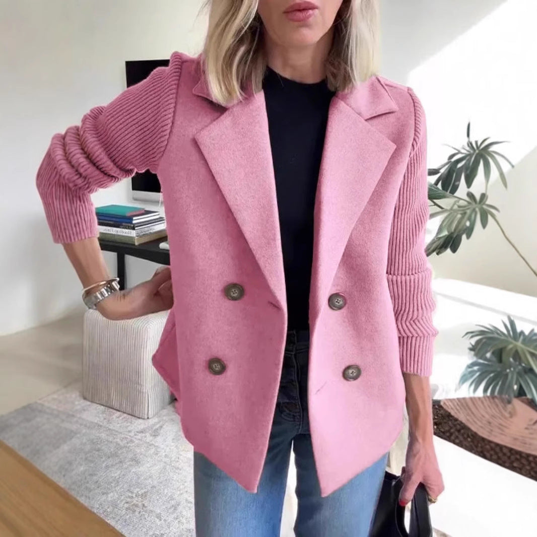 Double Breasted Lapel Jacket Fashion Knitted Sleeves Splicing Design Coat Outerwear Women&