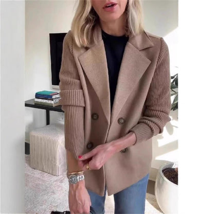Double Breasted Lapel Jacket Fashion Knitted Sleeves Splicing Design Coat Outerwear Women&