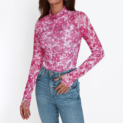 Floral Mesh Crew Neck Long Sleeve Mesh Top Limorista