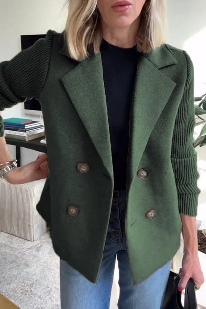 Double Breasted Lapel Jacket Fashion Knitted Sleeves Splicing Design Coat Outerwear Women&