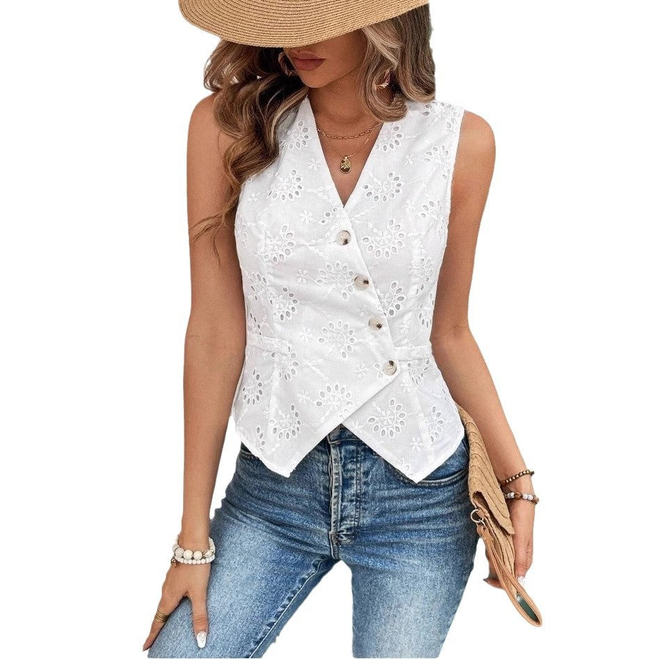 Solid Color And V-neck Button Cardigan Vest Temperament Crochet Limorista