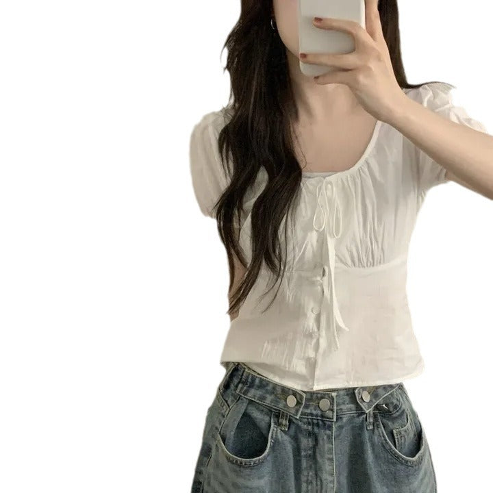Single-breasted Lace Up Short Shirt French Small Top Limorista