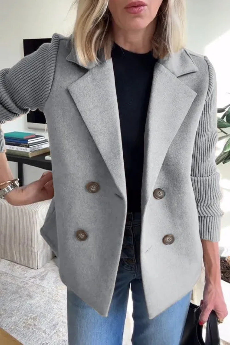 Double Breasted Lapel Jacket Fashion Knitted Sleeves Splicing Design Coat Outerwear Women&