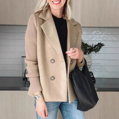 Double Breasted Lapel Jacket Fashion Knitted Sleeves Splicing Design Coat Outerwear Women&