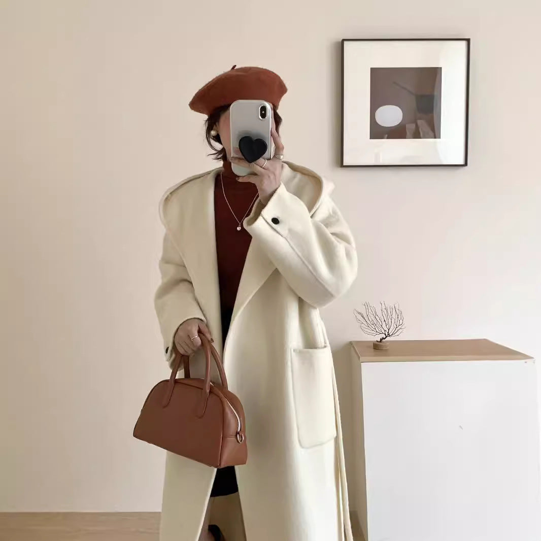 Solid Color Hooded Double-sided Wool Overcoat Women Limorista