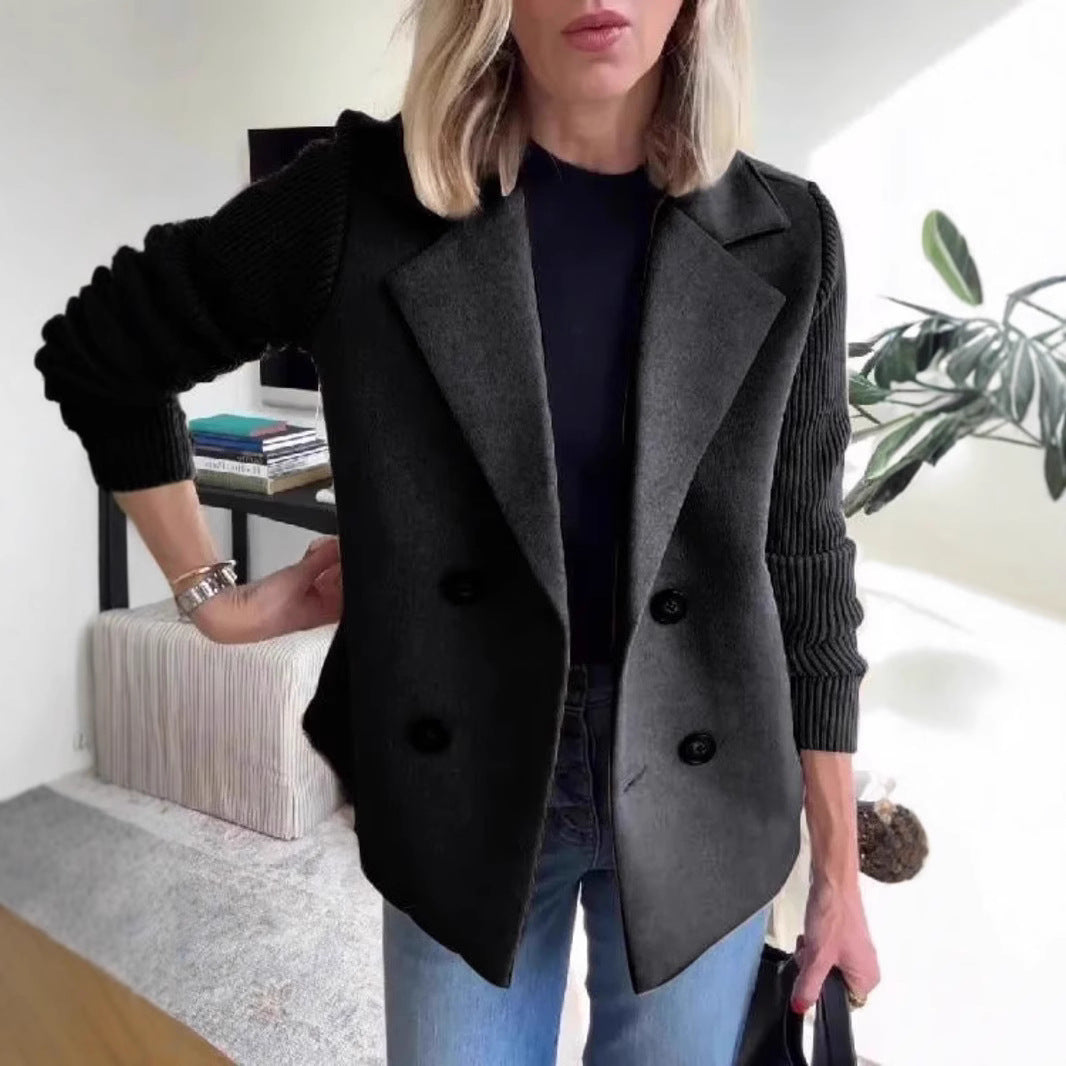 Double Breasted Lapel Jacket Fashion Knitted Sleeves Splicing Design Coat Outerwear Women&