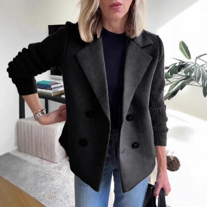 Double Breasted Lapel Jacket Fashion Knitted Sleeves Splicing Design Coat Outerwear Women&