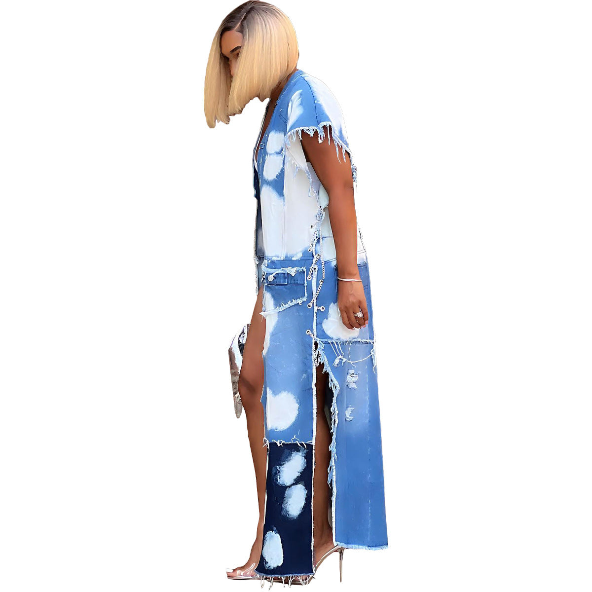 Washing Stitching Multi-bag Machine Eye Chain Denim Coat For Women Limorista