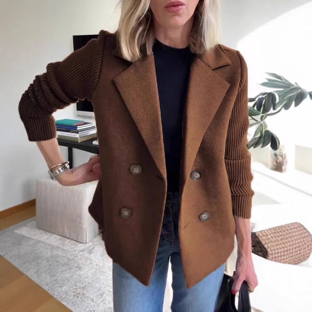 Double Breasted Lapel Jacket Fashion Knitted Sleeves Splicing Design Coat Outerwear Women&