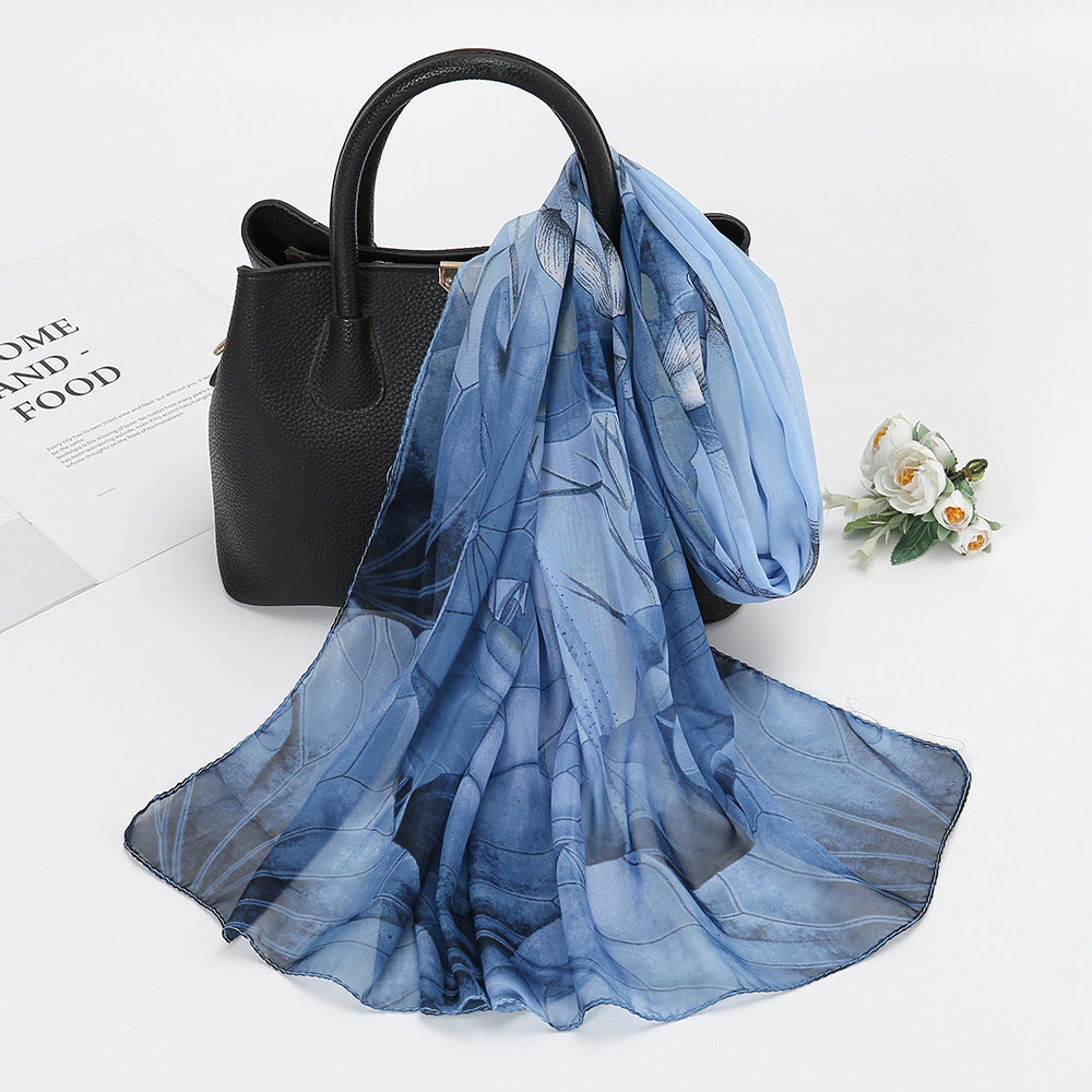 Thin Chiffon Lotus Pond Moonlight Printed Silk Scarf Limorista