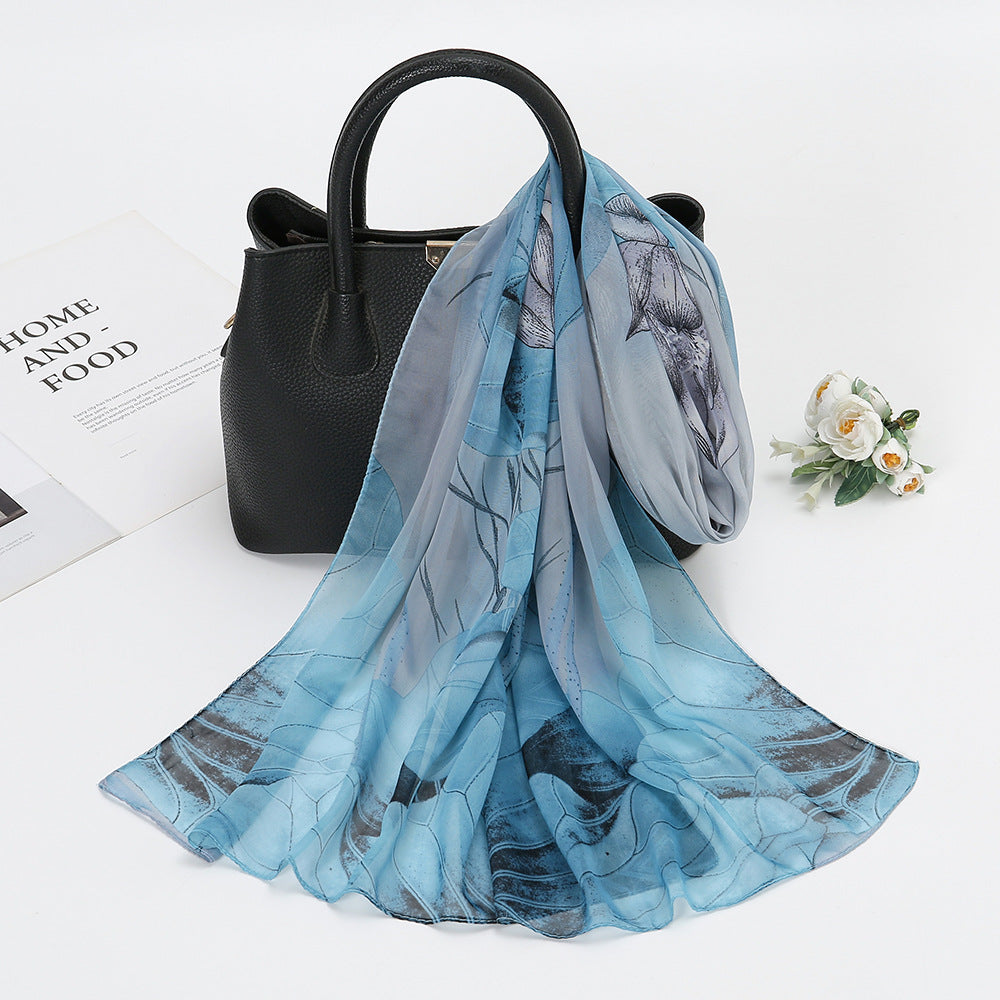 Thin Chiffon Lotus Pond Moonlight Printed Silk Scarf Limorista