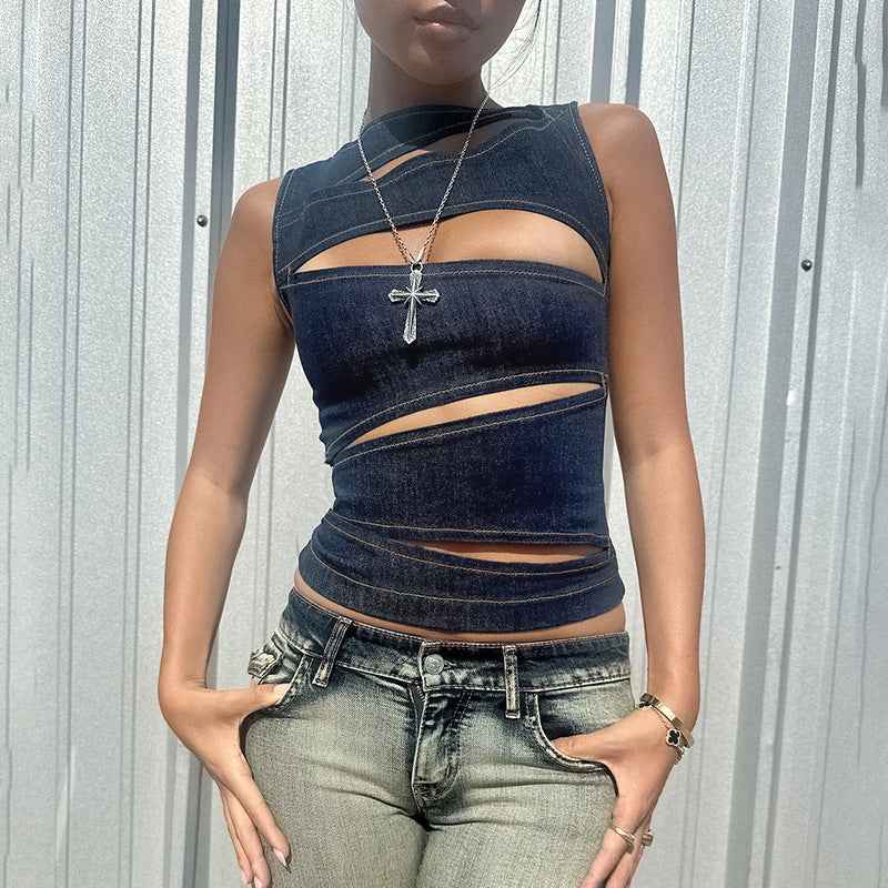 Limorista - New Sexy Hollow-out Faux Denim Vest Top For Women
