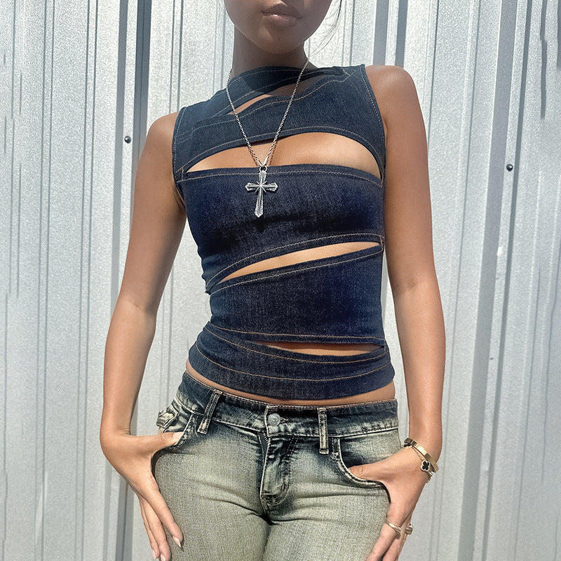 New Sexy Hollow-out Faux Denim Vest Top For Women Limorista