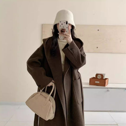 Solid Color Hooded Double-sided Wool Overcoat Women Limorista