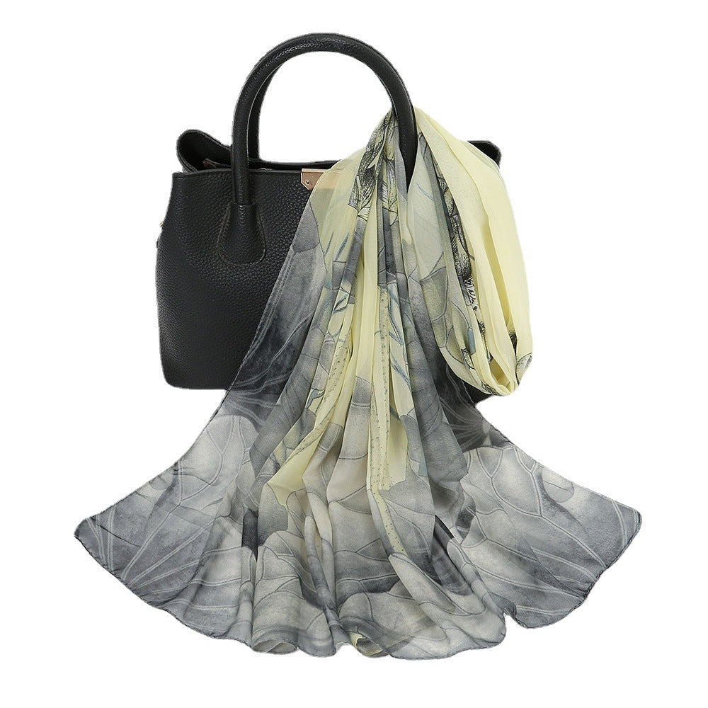 Thin Chiffon Lotus Pond Moonlight Printed Silk Scarf Limorista