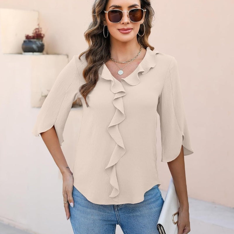 Limorista - Lady Literature Leisure Commute All-matching Loose All-matching V-neck Flounce Shirt