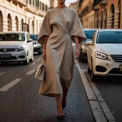Loose Batwing Sleeve Dress Fashion Waist-tighted Solid Color Elegant Dresses For Women Clothing Limorista