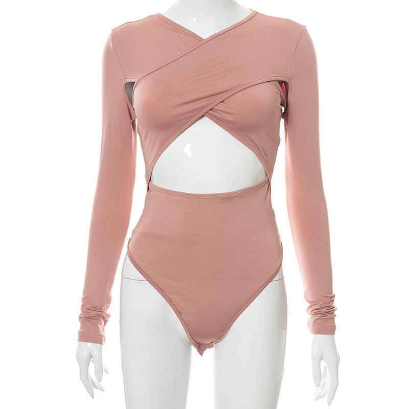 Pure Color Cross-cut Long-sleeved Cut-waist Slim-fit Bodysuit Limorista