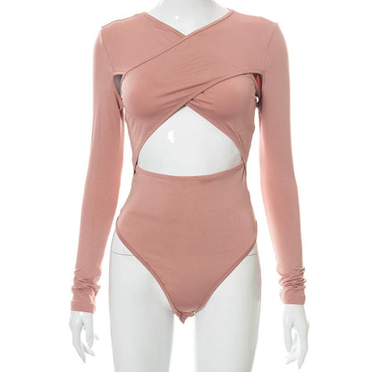 Pure Color Cross-cut Long-sleeved Cut-waist Slim-fit Bodysuit Limorista