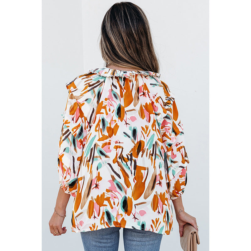 European And American Fashion Colorblock Printed V-neck Chiffon Shirt Women Limorista
