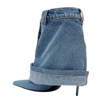 Pointed-toe Washed Denim Pantskirt Stiletto Heel Ankle Boots Limorista