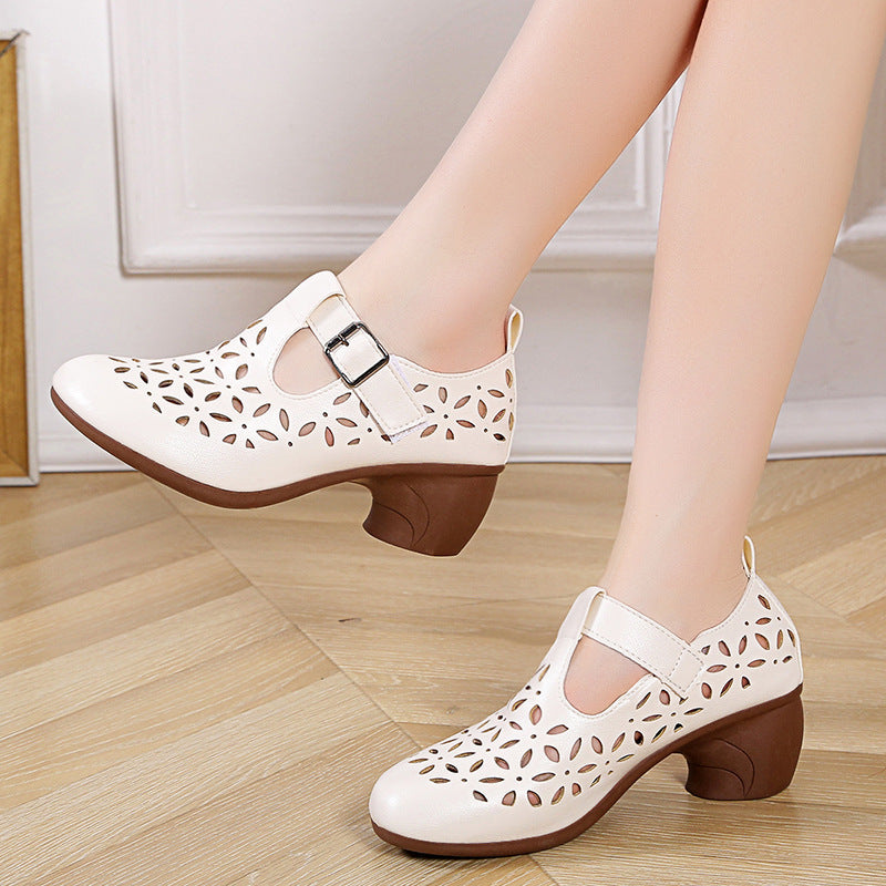 High Heel Retro Hollow Sandals Spring And Summer New Round Toe Buckle Mom Shoes Limorista