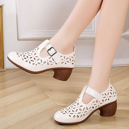 High Heel Retro Hollow Sandals Spring And Summer New Round Toe Buckle Mom Shoes Limorista