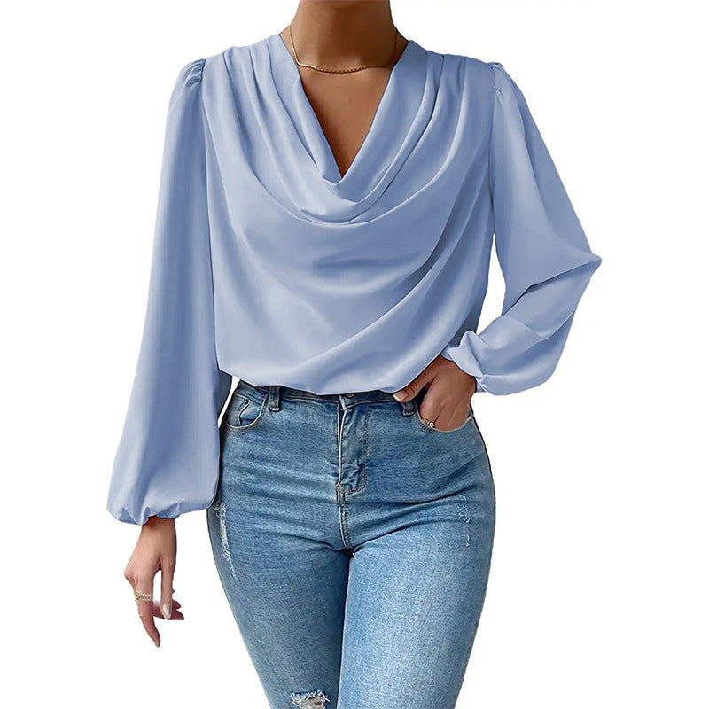 European And American Summer Chiffon Long-sleeved Shirt Loose Draped V-neck Top Limorista