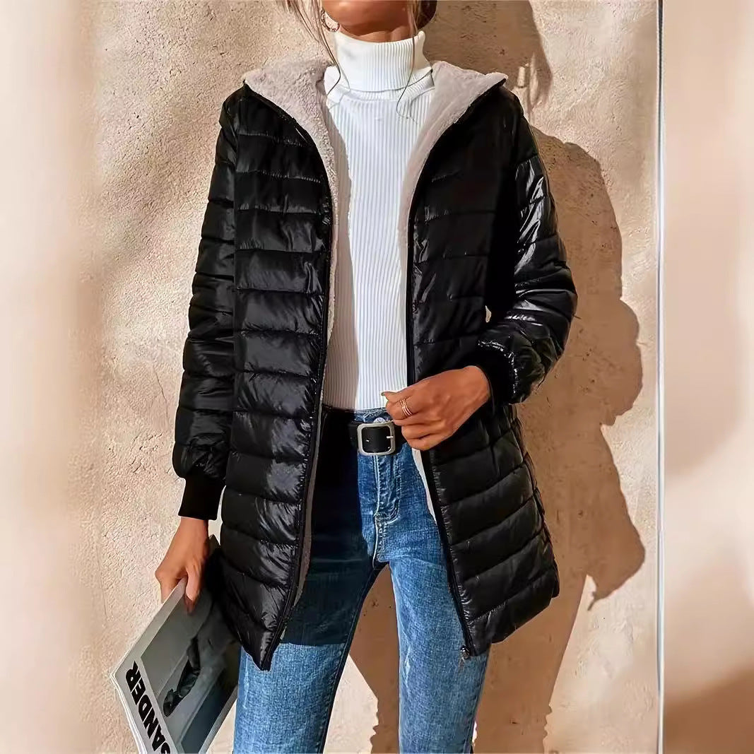Mid-length Loose Hooded Fleece-lined Quilted Cotton Jacket Limorista