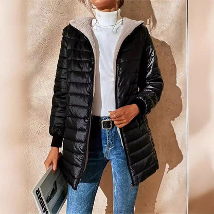 Mid-length Loose Hooded Fleece-lined Quilted Cotton Jacket Limorista