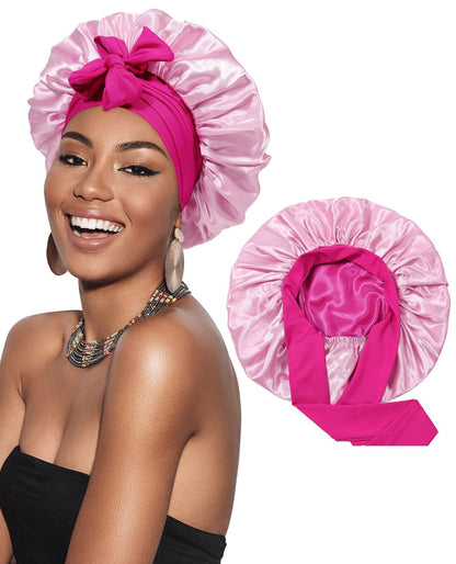 Double-layer Satin Ribbon Round Cap Bow Artificial Silk Beauty Hair Care Wide-brimmed Hat Limorista