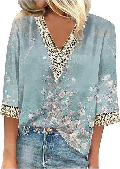 Wear Loose New Floral Print Stitching Lace Half Sleeve V-neck T-shirt Limorista