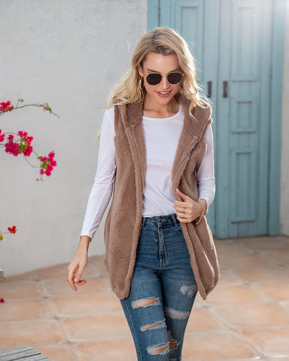 Mid-length Solid Color Hooded Vest Plush Skirt For Women Limorista