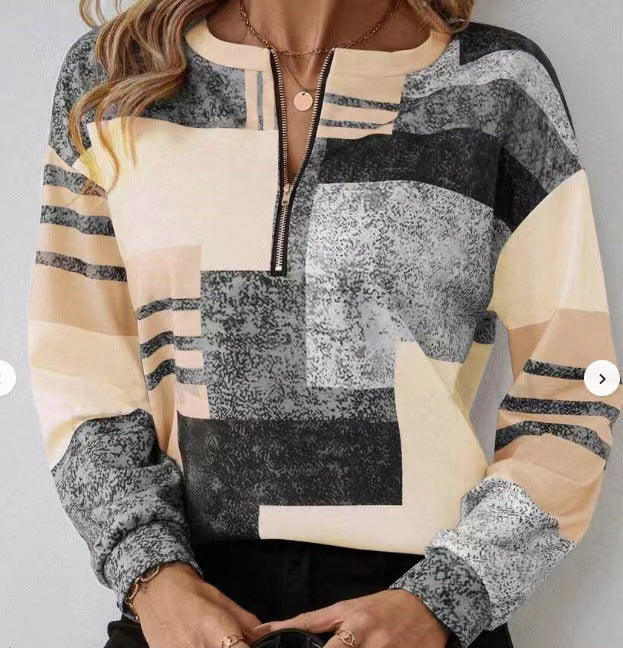 Round Neck Half Zipper Casual Style Polo Shirt Irregular Geometric Top Limorista