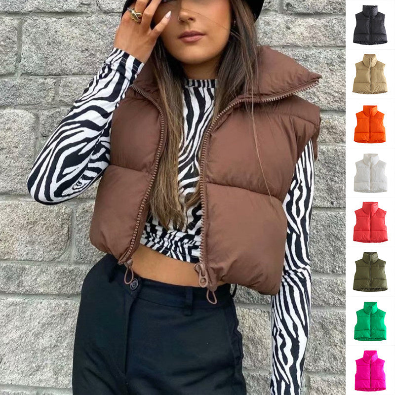 Winter Short Vest For Women Solid Color Zip Sleeveless Lapel Jacket Fashion Bread Coat Limorista