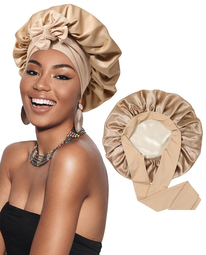 Double-layer Satin Ribbon Round Cap Bow Artificial Silk Beauty Hair Care Wide-brimmed Hat Limorista